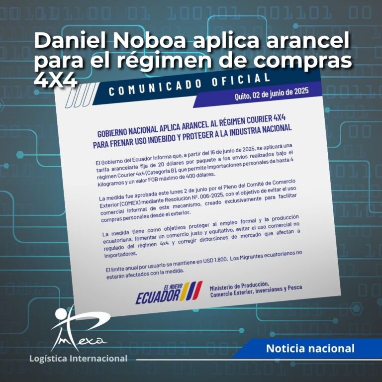 Daniel Noboa aplica arancel para el régimen de compras 4X4